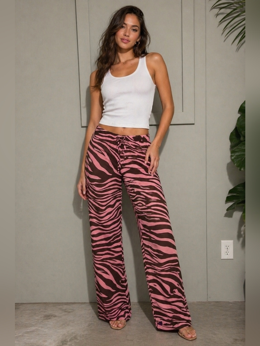 Michael Kors Zebra Print Wide Leg Pants Pink Brown Sheer Tie Front Resort. M